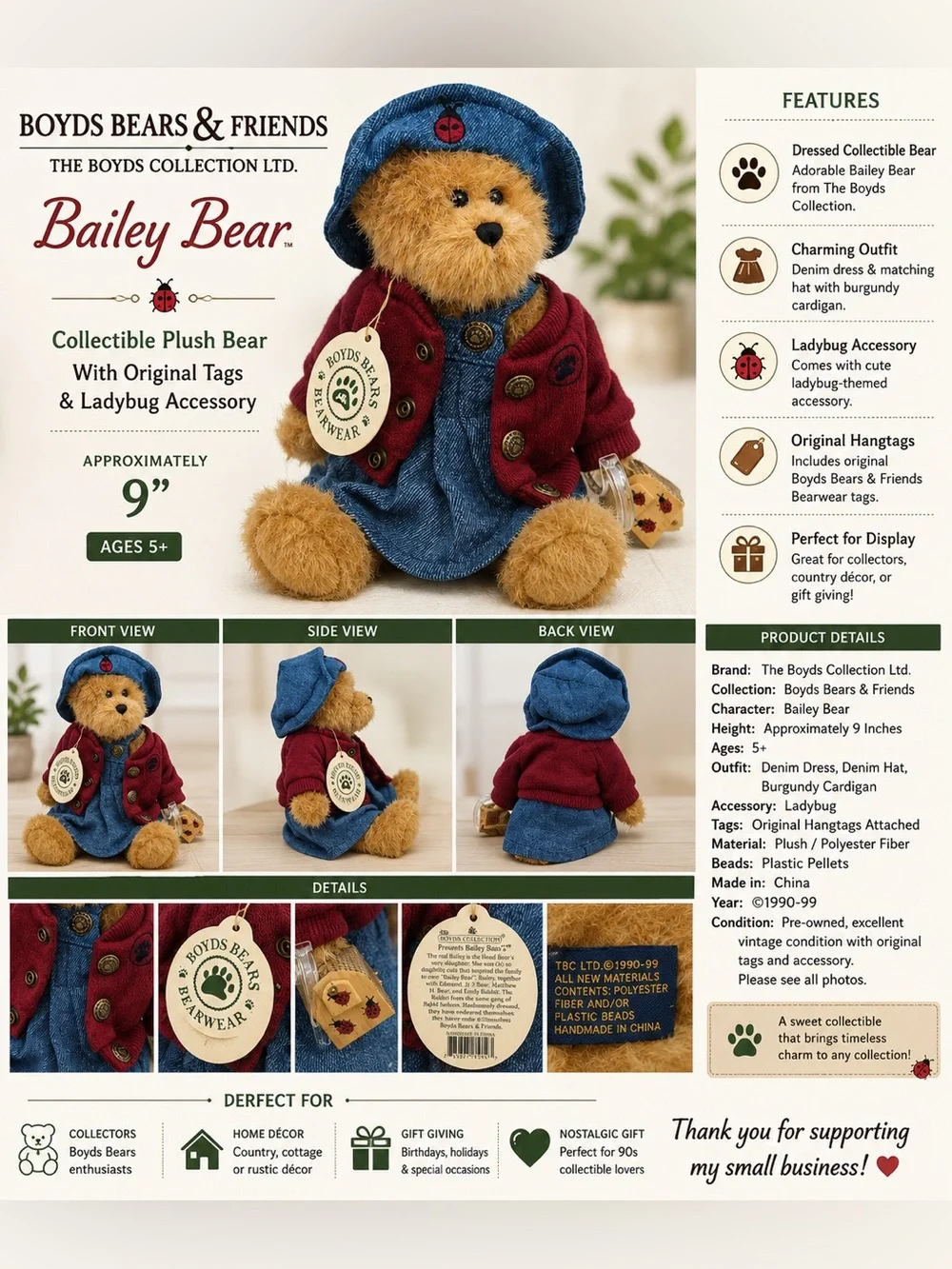 Boyds Bears Bailey Bear Bearwear Ladybug 9” Plush Collectible Tags Vintage